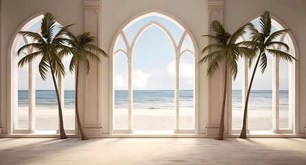 windows overlooking the sea and palm trees