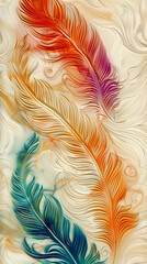 Vibrant Feather Patterns Etched on Cream Marble Wall Panel