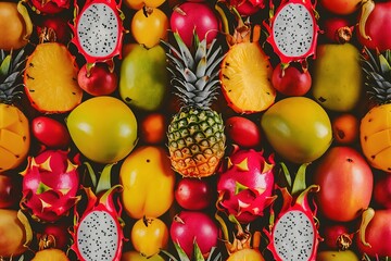 Exotic fruits, including dragon fruit, pineapple, and mango, are arranged in a captivating pattern