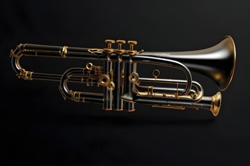 Obraz na płótnie Canvas Music trumpet fictional instrument air decorated, horizontal banner black background with copy space for jazz music concert. Generative AI 