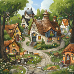 Fototapeta premium Illustrate a charming village straight out of a storybook, with quaint cottages, winding cobblestone streets, and friendly characters inviting children to immerse themselves in tales
