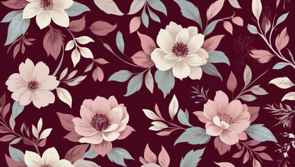Rustic burgundy backdrop adorned with vintage-inspired abstract floral motifs in soft pastel hues, perfect for adding a touch of charm to your designs.