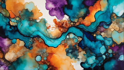 Serene and otherworldly abstract artwork utilizing alcohol ink technique, characterized by its dreamy textures and bold color contrasts, creating a mesmerizing visual experience.