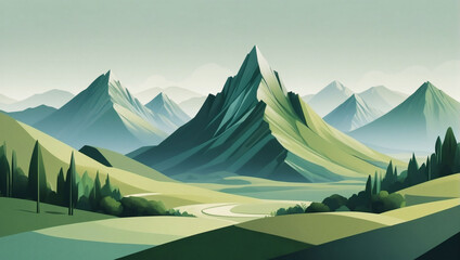 Serene landscape featuring abstract mountains and hills in a natural green palette, minimalistic design.