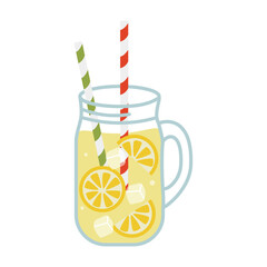 Lemonade in glass with lemon slice and straw isolated on white background, lemonade clipart