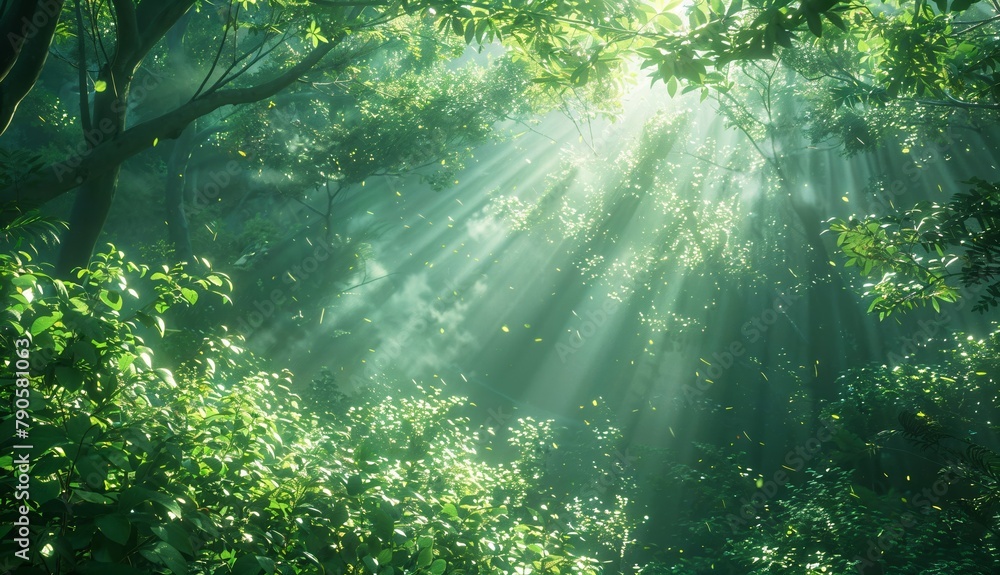Poster sunbeams through foliage: sunbeams filtering through the lush green leaves of a forest canopy, creat