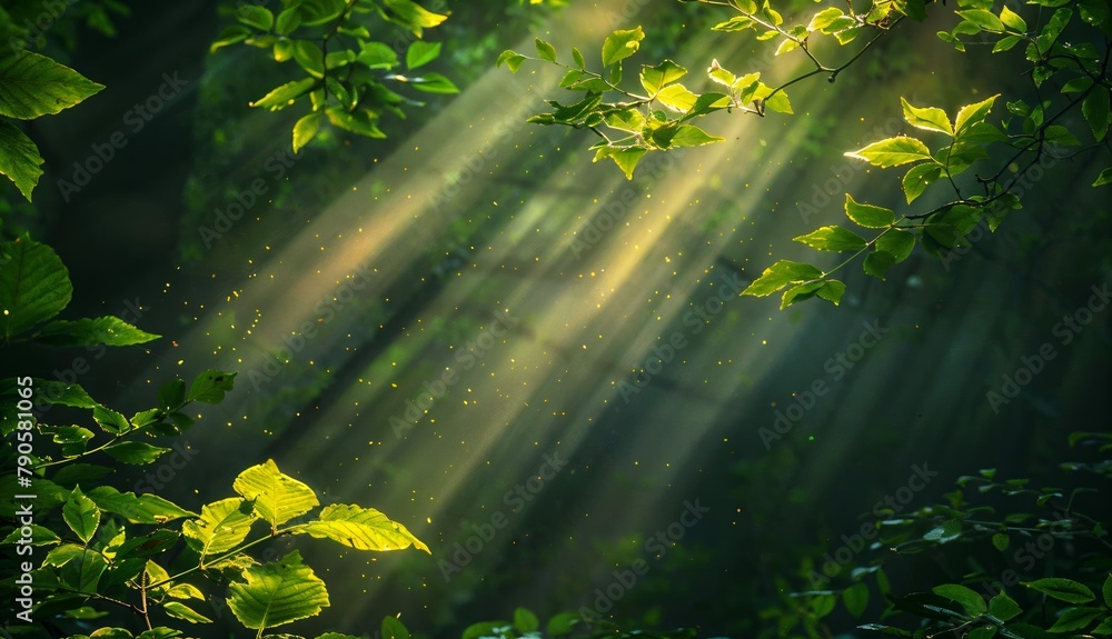 Poster sunbeams through foliage: sunbeams filtering through the lush green leaves of a forest creating a da
