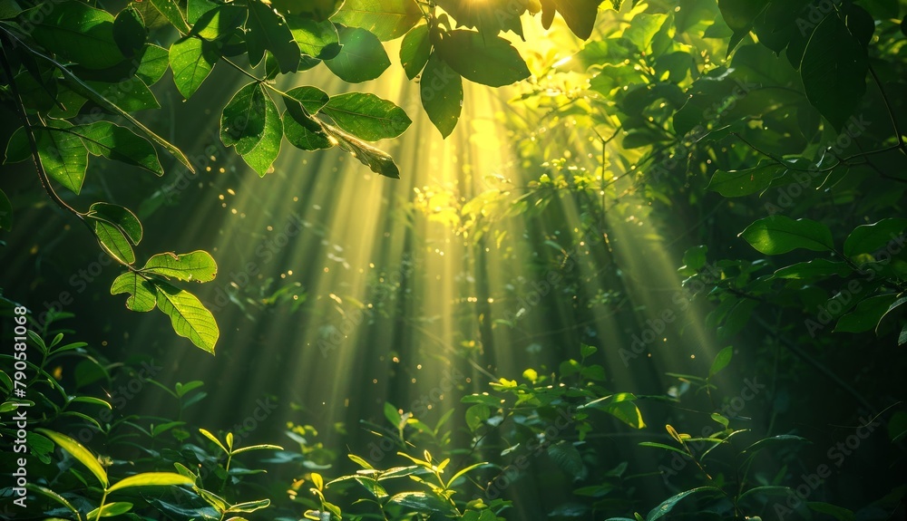 Poster sunbeams through foliage: sunbeams filtering through the lush green leaves of a forest creating a da
