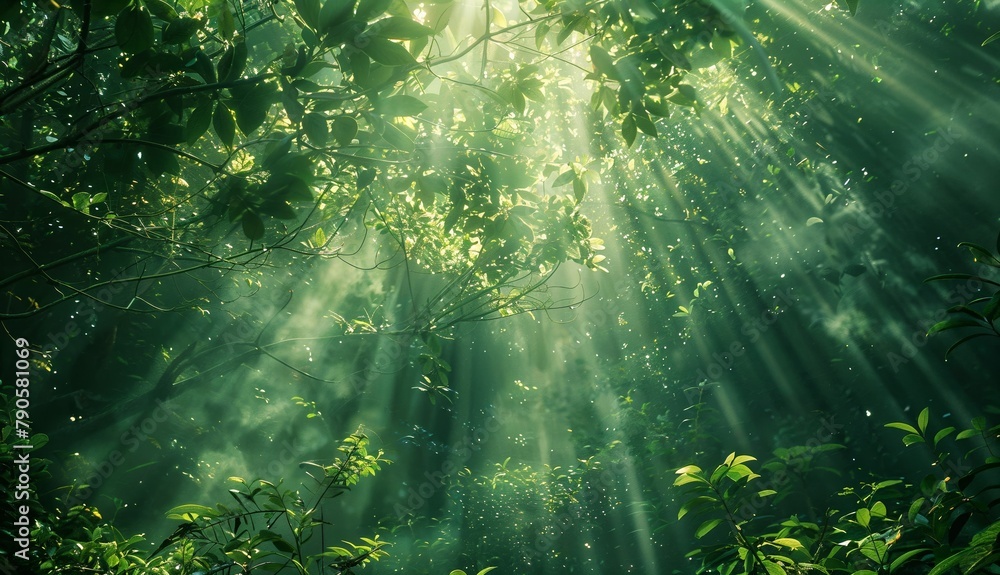 Poster sunbeams through foliage: sunbeams filtering through the lush green leaves of a forest canopy, creat