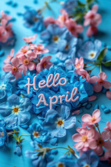Vibrant Hello April sign surrounded by blue flowers.