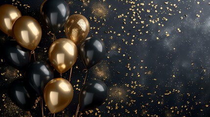 A sophisticated trio of black and gold balloons rises amidst a flurry of golden confetti, set against a dark, textured background for a luxurious celebration theme