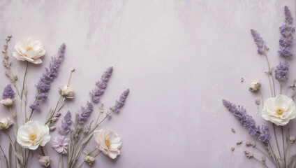 Subtle and sophisticated shabby chic background featuring muted lavender tones and minimalistic abstract flowers, ideal for creating a serene and calming atmosphere.