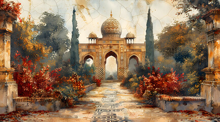 Dusk in the Oasis: Watercolor View of Middle Eastern Garden with Mosaic Background
