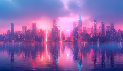 Fototapeta na wymiar Glowing City Skyline: A panoramic view of a city skyline at dawn, with buildings illuminated in soft pastel hues, creating a magical atmosphere