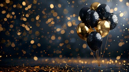 A sophisticated trio of black and gold balloons rises amidst a flurry of golden confetti, set against a dark, textured background for a luxurious celebration theme - obrazy, fototapety, plakaty