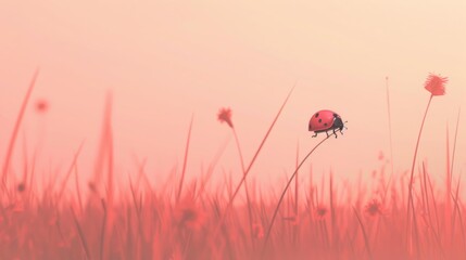 Uses a gentle sunrise to backlight a ladybug on a blade of grass, the bright red of its shell glowing against the light, showcasing its charming silhouette in a peaceful morning scene