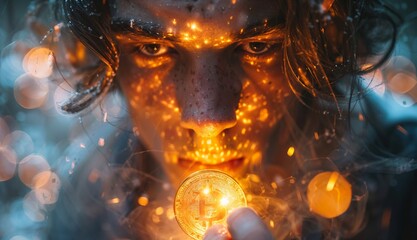 Unlocking Financial Freedom: A person holding a glowing Bitcoin in their hand, with a look of hope and empowerment on their face, signifies the potential for financial freedom through cryptocurrency