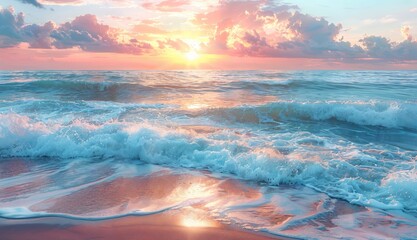 Pastel Seascape: A gentle waves lapping against a sandy beach, with the horizon a blend of pastel shades of blue and pink - obrazy, fototapety, plakaty