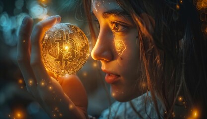 woman holding a shiny Bitcoin in his hand With an expression of hope and power It indicates the potential of financial freedom through cryptocurrency.