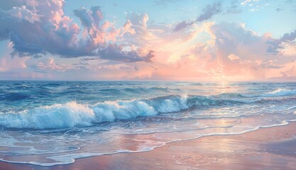 Pastel Seascape: Gentle waves hitting the sandy beach. The skyline is a mix of pastel shades of blue and pink. - obrazy, fototapety, plakaty