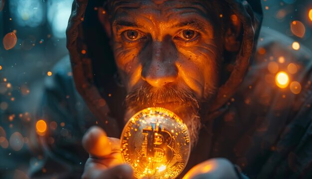 Unlocking Financial Freedom: A person holding a glowing Bitcoin in their hand, with a look of hope and empowerment on their face, signifies the potential for financial freedom through cryptocurrency