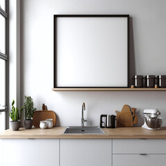 mockup of minimalist kitchen blank white landscape wall frame