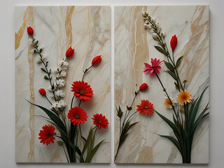 panel wall art, marble background with flowers designs , wall decoration