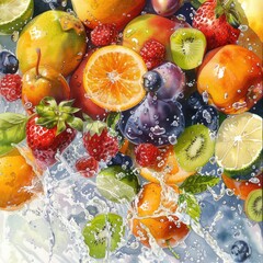 A symphony of summer fruits and water splashes in a lively watercolor painting
