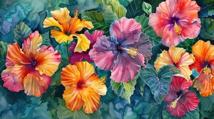 An array of tropical hibiscus with vivid colors splashed in watercolor
