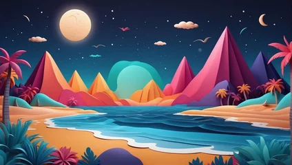  Vector D abstract background with paper cut shapes. Colorful carving art. Paper craft Moonlit Beach landscape with gradient colors. © xKas