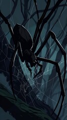 Showcases a spider as it repairs its web under the cover of night, the dark blacks of its form melding with the shadows, creating an image of subtle drama and complexity