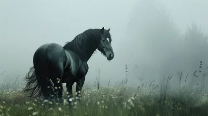 Foto op Canvas Shiny black horse with a glossy white mane in a misty field © 220 AI Studio