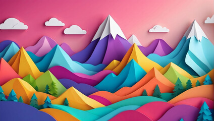 Vector D abstract background with paper cut shapes. Colorful carving art. Paper craft Mountain Range landscape with gradient colors.