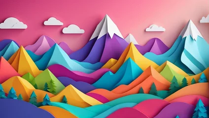 Fototapeten Vector D abstract background with paper cut shapes. Colorful carving art. Paper craft Mountain Range landscape with gradient colors. © xKas