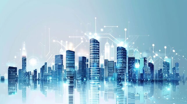 Smart city financial district with interconnected buildings and automated systems