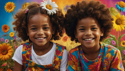 Happy, smiling African American toddlers with hippie symbols and flowers

