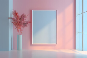 A rectangle picture frame hangs on a magenta wall next to a vase of flowers