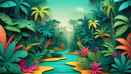 Vector D abstract background with paper cut shapes. Colorful carving art. Paper craft Tropical Rainforest landscape with gradient colors. - obrazy, fototapety, plakaty