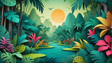 Fototapeta na wymiar Vector D abstract background with paper cut shapes. Colorful carving art. Paper craft Tropical Rainforest landscape with gradient colors.