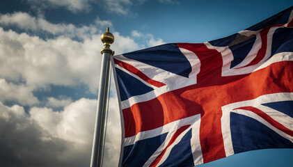 Flag of the United Kingdom, on a breezy afternoon, close-up - obrazy, fototapety, plakaty