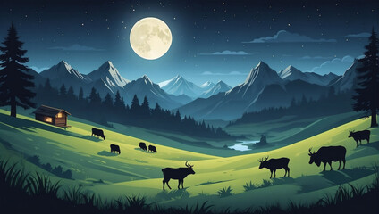 Vector illustration in flat simple style with copy space for text - night landscape with natural scene - alpine meadow, moonlight, and grazing animals. - obrazy, fototapety, plakaty