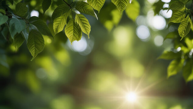 Fresh healthy green bio background with abstract blurred foliage and bright summer sunlight 
