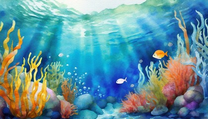 Fototapeta na wymiar A vibrant minimal underwater scene in watercolors