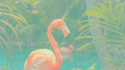 Photographs the intense gaze of a flamingo against a backdrop of lush green foliage, the bright orange of its eyes matching the fiery tones of its plumage, conveying its alert and vibrant nature
