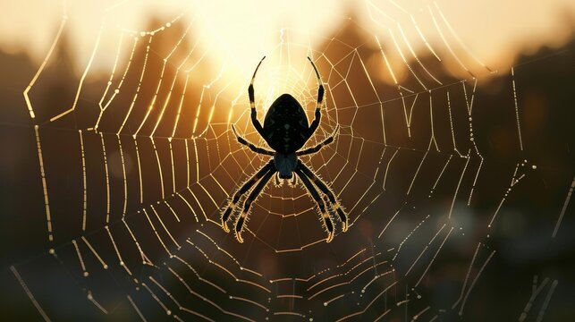 Photographs a spider suspended in the center of its intricate web, the dark black silhouette outlined by the soft glow of a setting sun, emphasizing the precision and detail of its construction