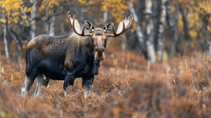 Photographs a moose during the rut, its aggressive posture and powerful build showcased against the backdrop of dense, earthybrown forest underbrush - obrazy, fototapety, plakaty