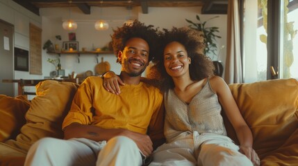 Obraz premium Cheerful multiracial couple sitting on sofa in the living room - Happy family moving in new home