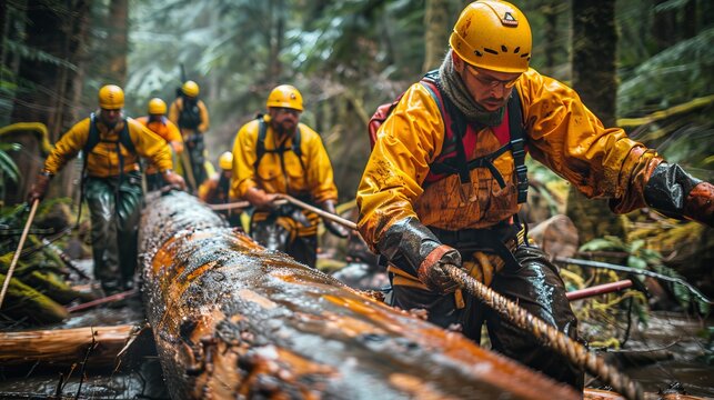 Diverse team of forestry workers in action wearing yellow gear