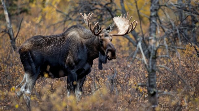 Photographs a moose during the rut, its aggressive posture and powerful build showcased against the backdrop of dense, earthybrown forest underbrush