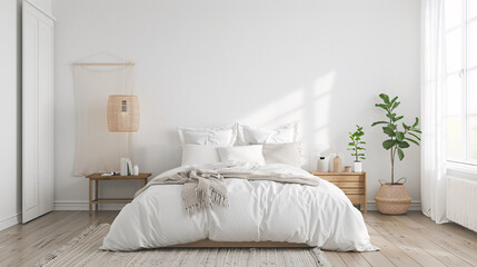 a beautiful clean, modern style bedroom with made bed, cleane, harmony, perfectly bright diffuse lighting 